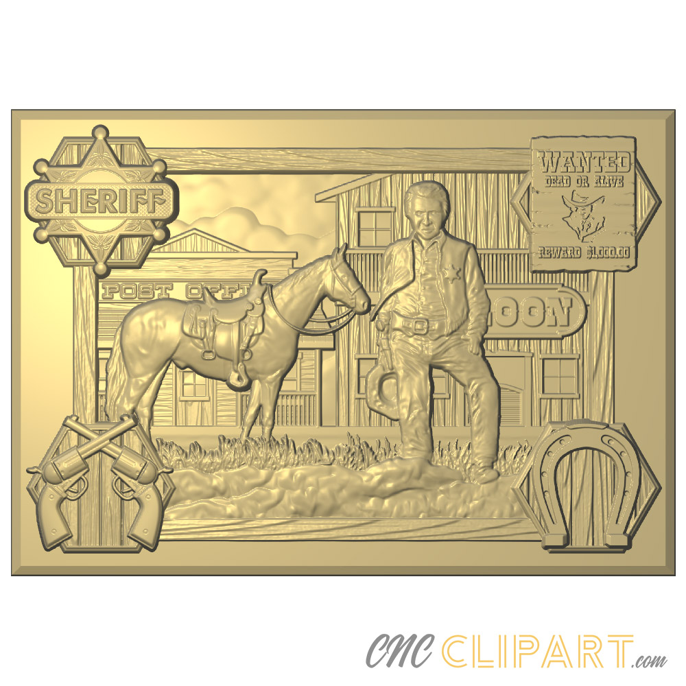 A framed 3D Relief Model of a Sheriff Collage with Wild West elements