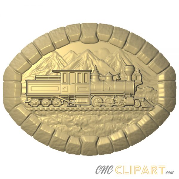 A framed 3D Relief Model of a Steam Train in the mountains