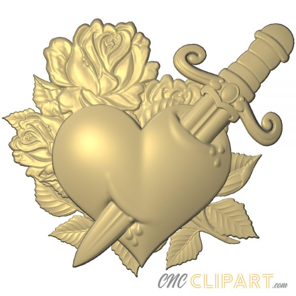 A 3D Relief Model of a Heart and Dagger on a flower background
