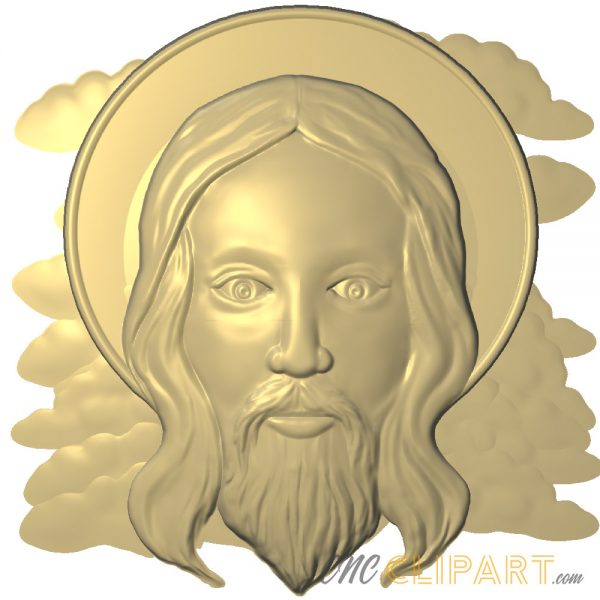 A 3D Relief Model depicting the face of Jesus Christ with a Halo and cloud background