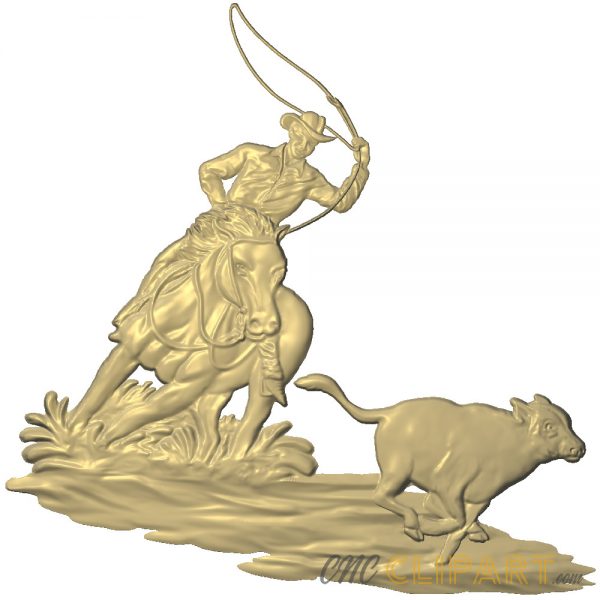 A 3D Relief Model of a horse riding Cowboy attempting to lasso a cow