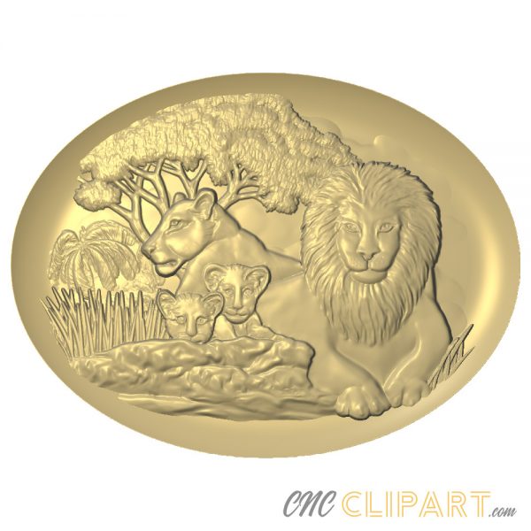 A 3D Relief Model of a Lion family, set in an oval frame