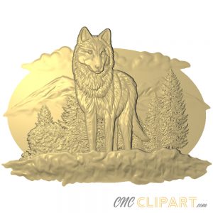 A 3D Relief Model of a Lone Wolf on a nature backdrop