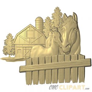 A 3D Relief Model of a Mare and her Foal set against the backdrop of a rural farm