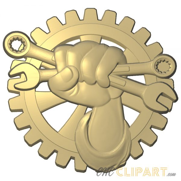 A 3D Relief Model of a Mechanics hand grasping wrenches with a spoked cog begind