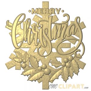 A 3D Relief Model of a decorative Merry Christmas sign with Snowflake and Holly elements