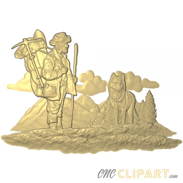 A 3D Relief Model of a mining prospector and wolf companion in the wilderness