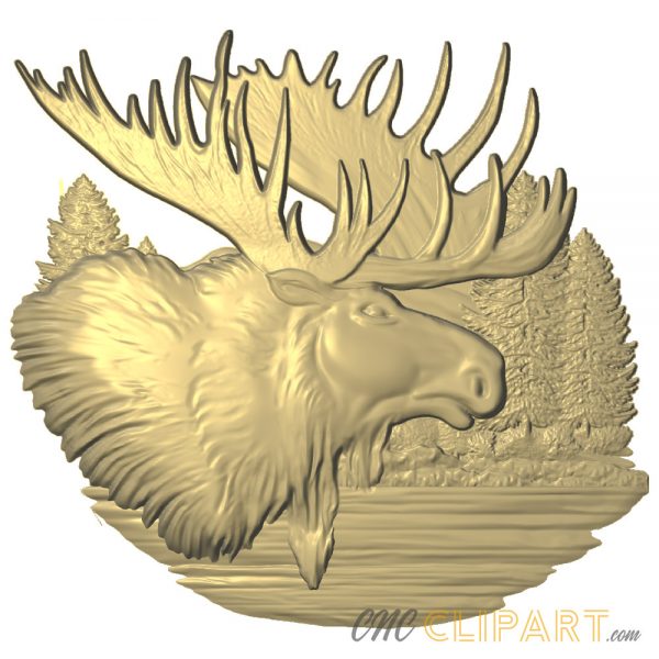 A 3D Relief Model of a Moose Head in profile, looking out over a lake