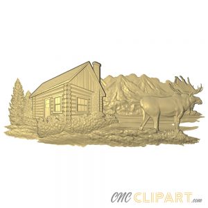A 3D Relief Model of a Moose near a Cabin in the mountains