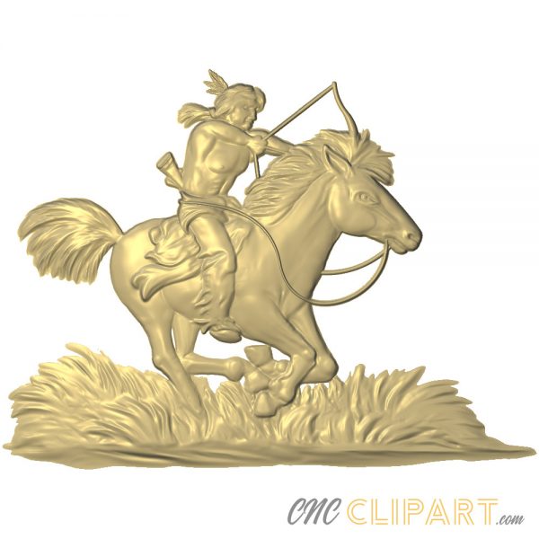 A 3D Relief Model of a Native American on Horseback with a bow and arrow and riding through grassland
