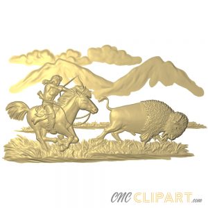 A 3D Relief Model of Native American hunter chasing a Buffalo on horseback amongst the mountains