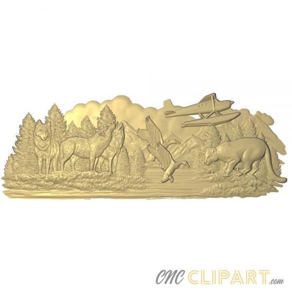 A 3D Relief Model of a Sea Plane flying over a forest wilderness full of wild animals