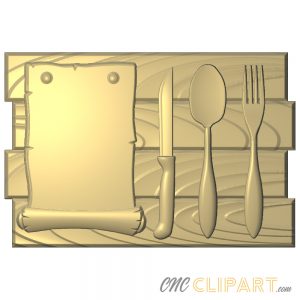 A 3D Relief Model of food service scene with cutlery and hanging note to add custom text