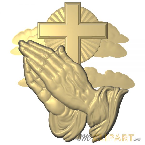 A 3D Relief Model of praying hands over a backdrop of the cross and clouds