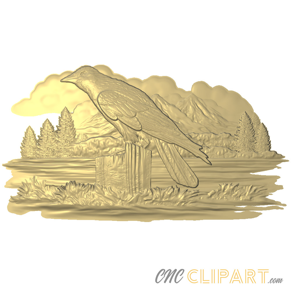 A 3D Relief Model of a Raven on the lakeside