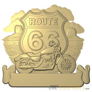 A 3D Relief Model of the classic Route 66 road sign featuring scenes from Arizona, with a Motorcycle and empty banner section for adding your own custom text
