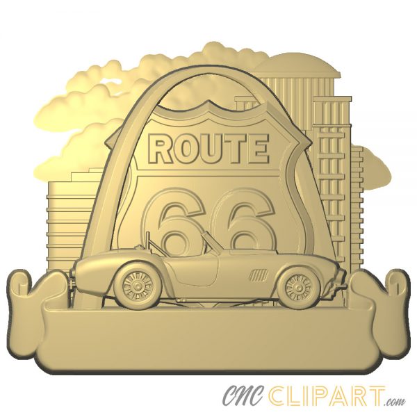 A 3D Relief Model of the classic Route 66 road sign featuring scenes from Missouri, including an empty banner section for adding your own custom text