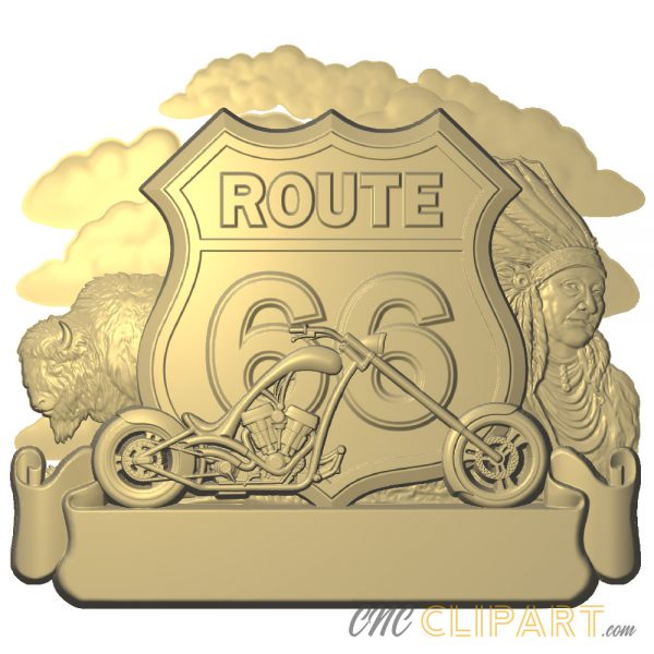 A 3D Relief Model of the classic Route 66 road sign featuring scenes from Oklahoma, including an empty banner section for adding your own custom text