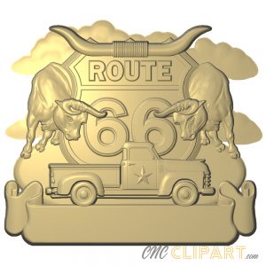 A 3D Relief Model of the classic Route 66 road sign featuring scenes from Texas, including an empty banner section for adding your own custom text