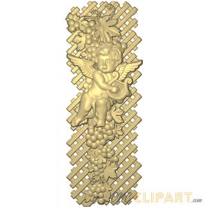 A 3D Relief Model of a winged Cherub, playing the Harp with a crosshatch backdrop