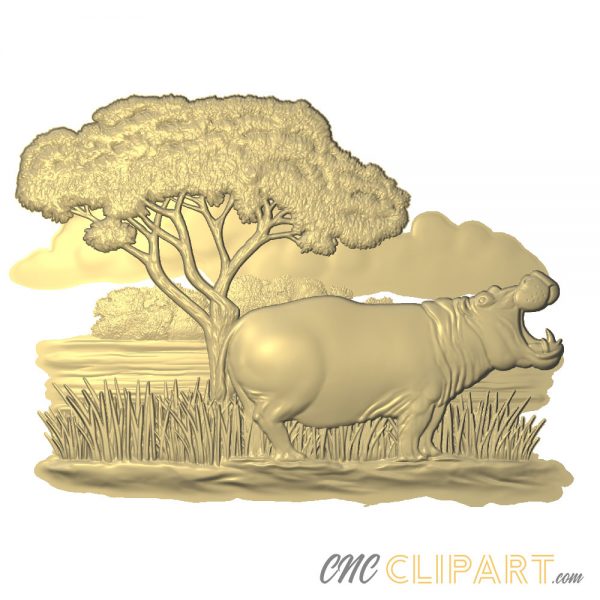 A 3D Relief Model of a Hippo in an African Nature Scene