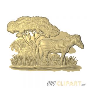 A 3D Relief Model of a Zebra in an African Nature Scene