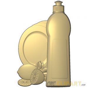 A 3D Relief model of a Detergent Bottle with plates and lemons