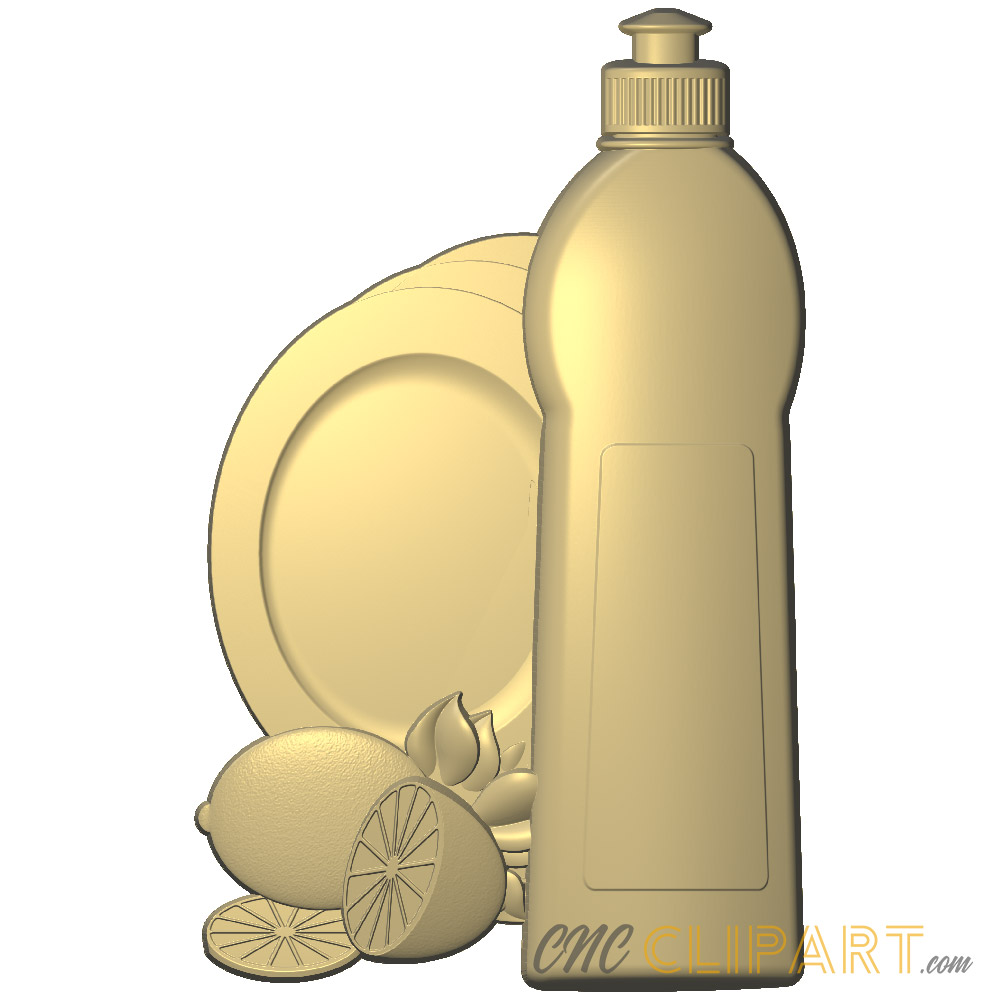 A 3D Relief model of a Detergent Bottle with plates and lemons