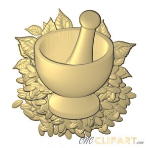 A 3D Relief model of a Pestle and Mortar on an organic background
