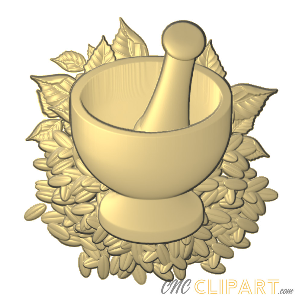 A 3D Relief model of a Pestle and Mortar on an organic background